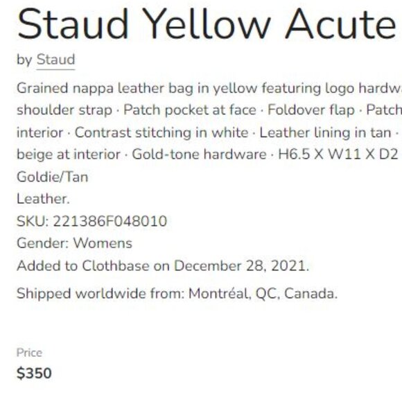 Iconic STAUD "Acute" Napa Leather Shoulder Bag in Goldie/Tan, NWT - Picture 13 of 13